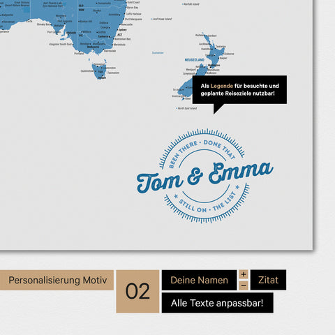 Motivi alternativi per una personalizzazione con il tuo nome su una mappa del mondo in colore blu