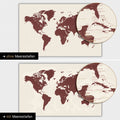 Mappa del mondo in colore rosso bordeaux con profondità marine bidimensionali