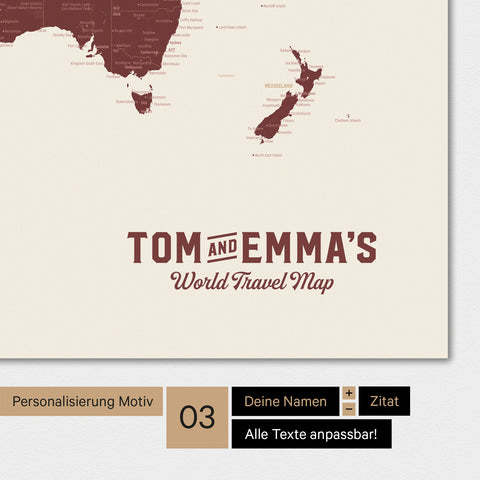 Mappa del mondo in colore rosso bordeaux con un logo vintage come personalizzazione moderna