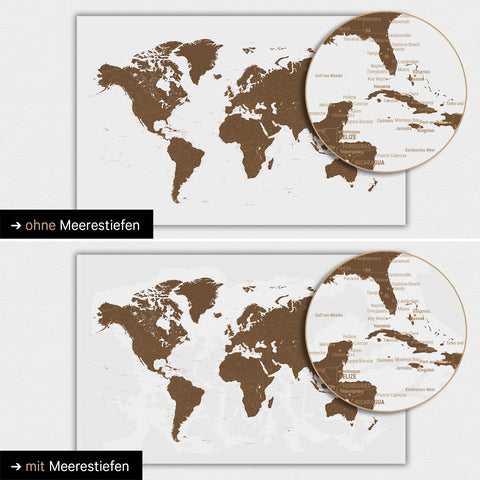 Mappa del mondo marrone con profondità marine bidimensionali