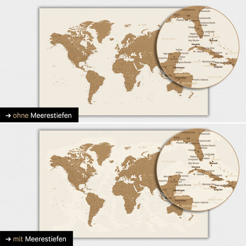 Mappa del mondo in bronzo con profondità marine bidimensionali