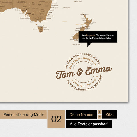 Motivi alternativi per una personalizzazione con il tuo nome su una mappa del mondo in bronzo