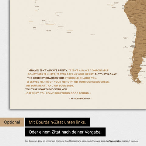 Mappa del mondo in bronzo con citazione impressa di Anthony Bourdain, che può essere sostituita con qualsiasi altra citazione durante la personalizzazione