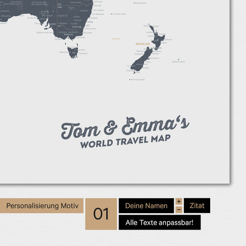 Mappa del mondo personalizzata in colore Denim Blue con il tuo nome stampato