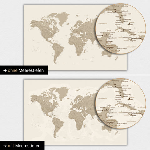 Mappa del mondo a colori Desert Sand con profondità marine bidimensionali