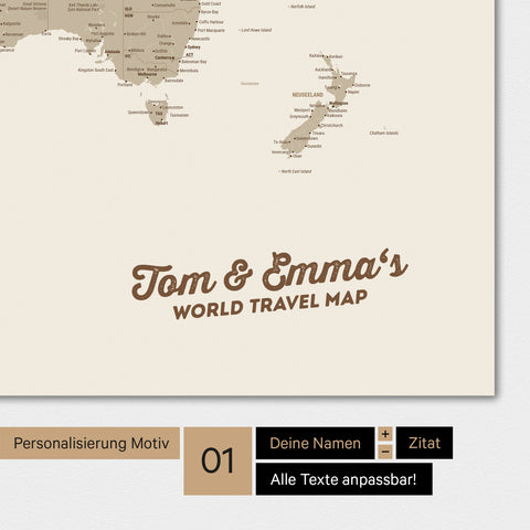 Mappa del mondo personalizzata in colore Desert Sand con il tuo nome stampato