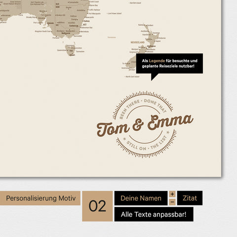 Motivo alternativo per una personalizzazione con il tuo nome su una mappa del mondo nel colore Desert Sand