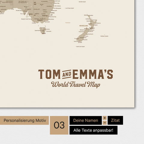 Mappa del mondo in colore Desert Sand con un logo vintage come personalizzazione moderna