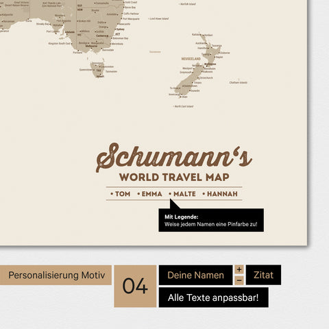 Mappa del mondo in colore Desert Sand con personalizzazione come logo familiare