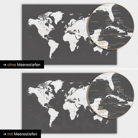 Mappa del mondo in colore grigio scuro con profondità marine bidimensionali