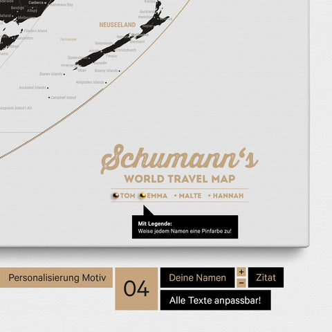 Leinwand einer Weltkarte in der Equal-Earth-Projektion in Light Black (Schwarz-Weiss) mit Personalisierung als Logo mit Familiennamen und Legende