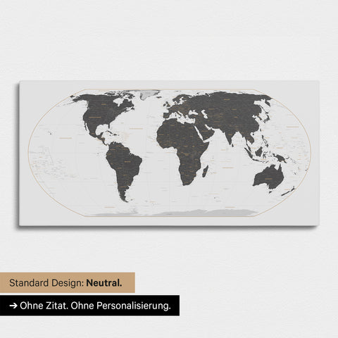 Neutrale und schlichte Ausführung einer Weltkarte in der Equal-Earth-Projektion als Pinn-Leinwand in Light Gray ohne Personalisierung