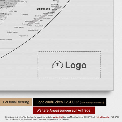 Weltkarte in der Equal-Earth-Projektion als Pinn-Leinwand in Multicolor Gray, auf die ein Firmenlogo eingedruckt werden kann