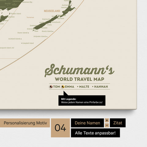 Leinwand einer Weltkarte in der Equal-Earth-Projektion in Olive Green mit Personalisierung als Logo mit Familiennamen und Legende