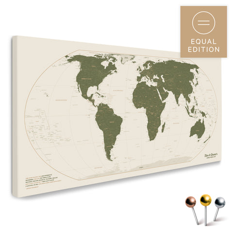 Weltkarte in der Equal-Earth-Projektion und in der Farbe Olive Green als hochwertige Pinn-Leinwand, ideal geeignet zum Markieren von Orten und Planen von Reisen