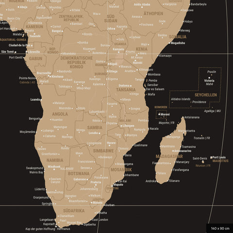 Weltkarte in der Equal-Earth-Projektion, Farbe Sonar Black, zeigt einen Ausschnitt von Afrika in seinen korrekten Größenverhältnissen und Proportionen