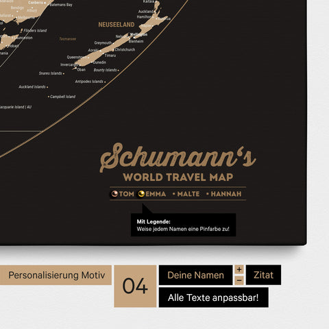 Leinwand einer Weltkarte in der Equal-Earth-Projektion in Sonar Black mit Personalisierung als Logo mit Familiennamen und Legende