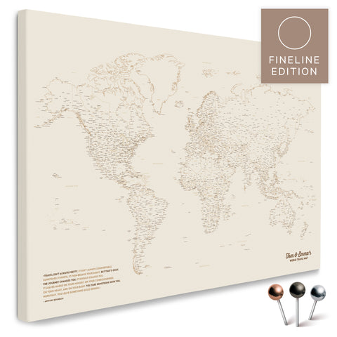 Weltkarte FINELINE als Pinnwand-Leinwand in Bronze mit filigranem, minimalistischem Outline-Design zum Markieren und Planen von Reisen