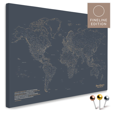 Weltkarte FINELINE als Pinnwand-Leinwand in Hale Navy mit filigranem, minimalistischem Outline-Design zum Markieren und Planen von Reisen