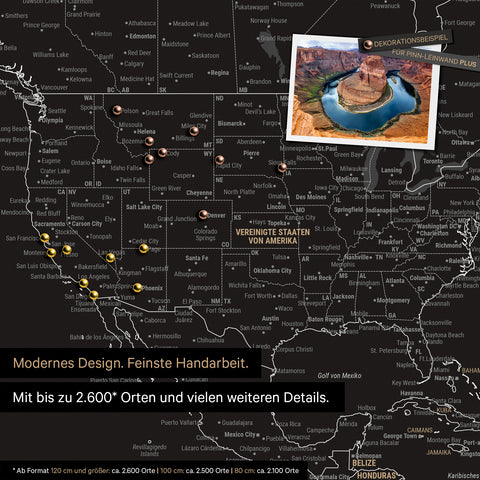 Detailansicht der Weltkarte FINELINE als Pinnwand in Farbe Schwarz-Weiß mit markierten Reisezielen in den USA, Kanada und Mexiko