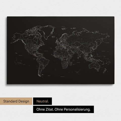 Schlichte Weltkarte FINELINE als Pinnwand-Leinwand in Farbe Schwarz-Weiß ohne Personalisierung