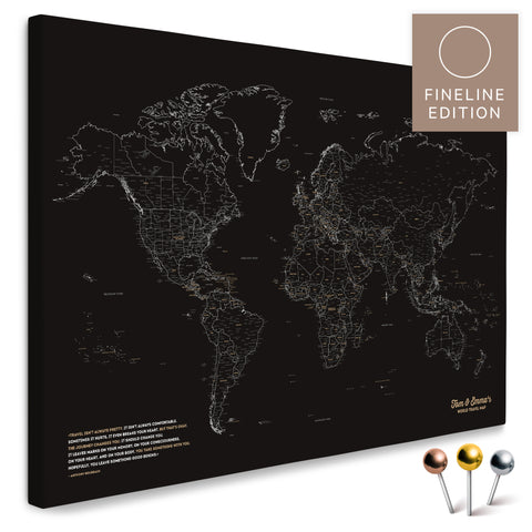 Weltkarte FINELINE als Pinnwand-Leinwand in Schwarz-Weiß mit filigranem, minimalistischem Outline-Design zum Markieren und Planen von Reisen