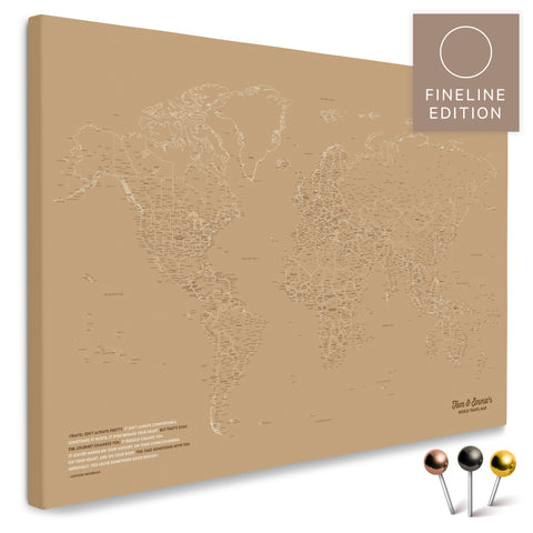 Weltkarte FINELINE als Pinnwand-Leinwand in Treasure Gold mit filigranem, minimalistischem Outline-Design zum Markieren und Planen von Reisen