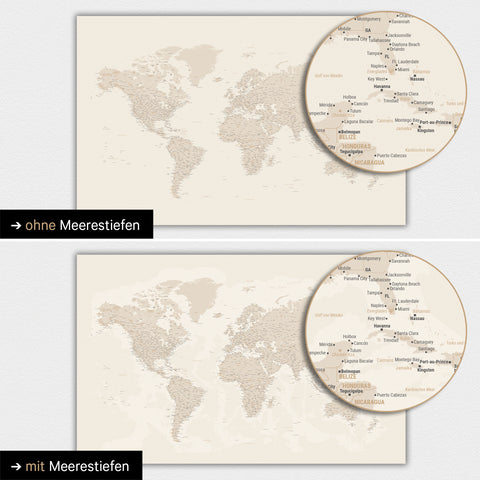 Mappa del mondo in colore oro con profondità marine bidimensionali