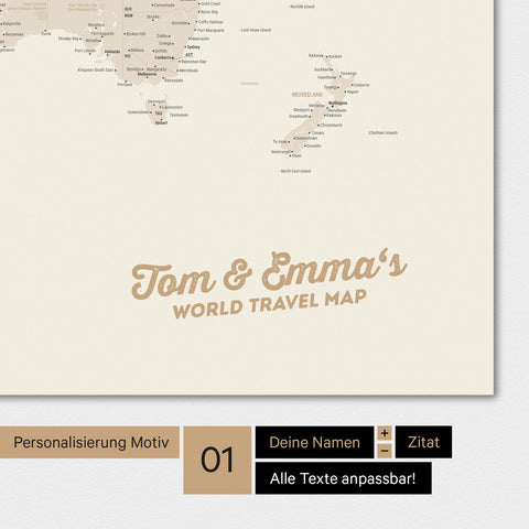Mappa del mondo personalizzata in colore oro con il tuo nome stampato