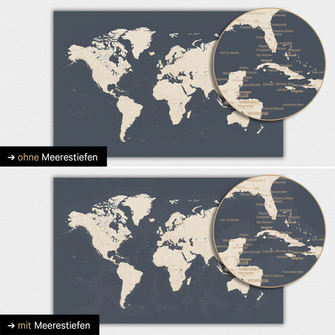 Mappa del mondo a colori Hale Navy (oro-blu scuro) con profondità marine bidimensionali