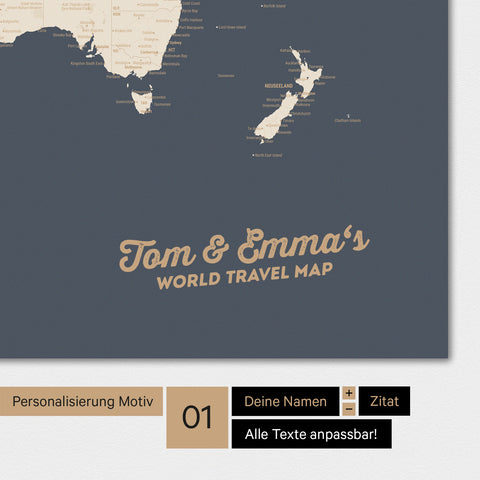 Mappa del mondo personalizzata in colore Hale Navy (oro-blu scuro) con il tuo nome stampato