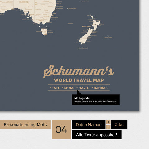 Mappa del mondo a colori Hale Navy (oro-blu scuro) con personalizzazione come logo familiare