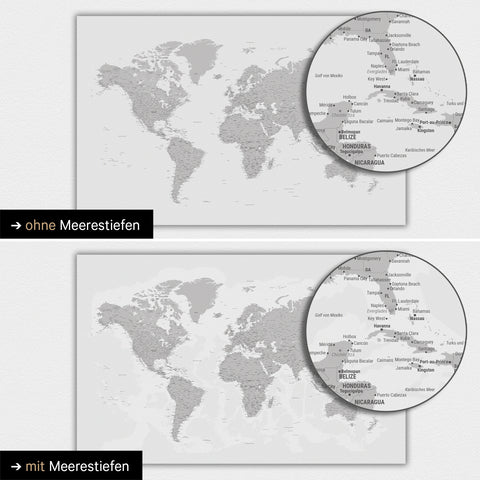 Mappa del mondo in colore grigio chiaro con profondità marine bidimensionali