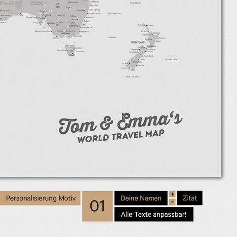 Mappa del mondo personalizzata in colore grigio chiaro con il tuo nome stampato