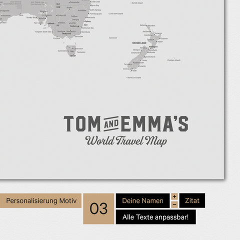 Mappa del mondo in colore grigio chiaro con un logo vintage come personalizzazione moderna