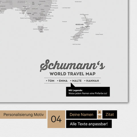 Mappa del mondo in colore grigio chiaro con personalizzazione come logo familiare