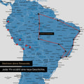 Dettaglio di una mappa del mondo come Mappa da puntine in blu con puntine che mostrano un itinerario di viaggio tracciato in Sud America attraverso i paesi Brasile, Perù ed Ecuador