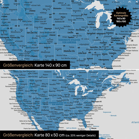 Confronto dimensioni di una mappa del mondo su tela nei formati 140 x 90 cm e 80 x 50 cm