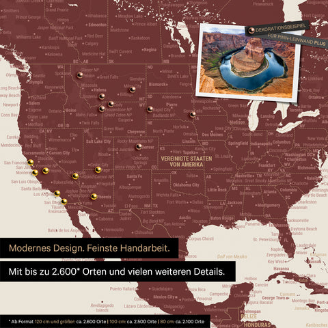 Mappa per puntine dettagliata del mondo in rosso bordeaux per segnare fino a 2.600 destinazioni di viaggio negli USA, Canada e Messico, ideale per la rappresentazione visiva di viaggi passati e piani di viaggio futuri