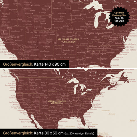 Confronto dimensioni di una mappa del mondo su tela nei formati 140 x 90 cm e 80 x 50 cm