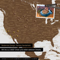 Mappa per puntine dettagliata del mondo in marrone per segnare fino a 2.600 destinazioni di viaggio negli USA, Canada e Messico, ideale per la rappresentazione visiva di viaggi passati e piani di viaggio futuri