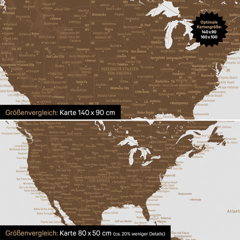Confronto dimensioni di una mappa del mondo su tela nei formati 140 x 90 cm e 80 x 50 cm