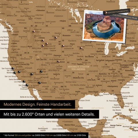 Mappa dettagliata del mondo in bronzo come Mappa per puntine per segnare fino a 2.600 destinazioni di viaggio negli USA, Canada e Messico, ideale per la rappresentazione visiva di viaggi passati e piani di viaggio futuri