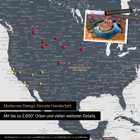 Mappa dettagliata del mondo come Mappa per puntine in Denim Blue per segnare fino a 2.600 destinazioni di viaggio negli USA, Canada e Messico, ideale per la rappresentazione visiva di viaggi passati e piani di viaggio futuri