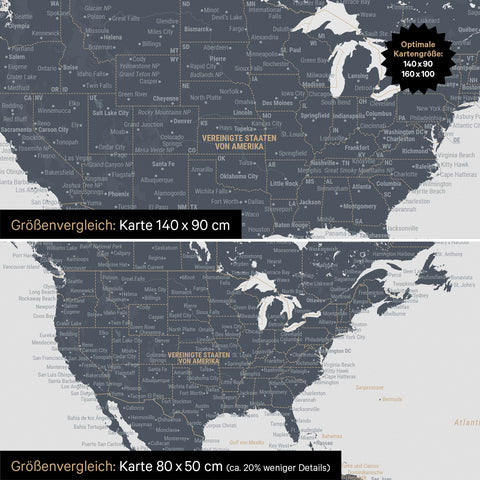 Confronto dimensioni di una mappa del mondo su tela nei formati 140 x 90 cm e 80 x 50 cm
