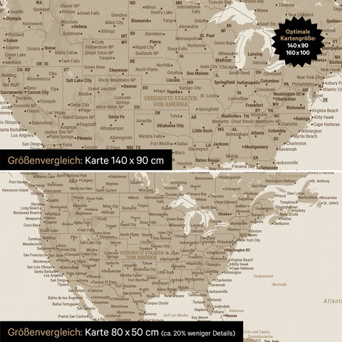 Confronto dimensioni di una mappa del mondo su tela nei formati 140 x 90 cm e 80 x 50 cm