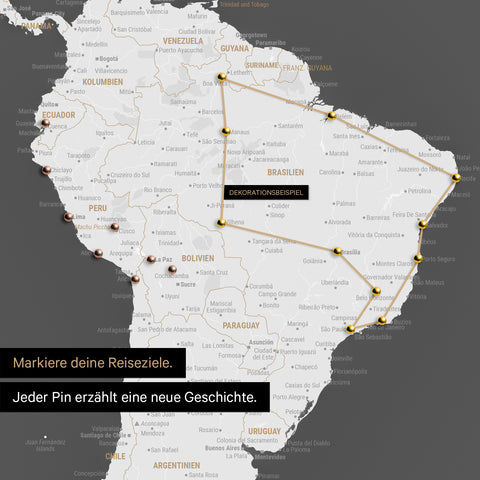 Dettaglio di una mappa del mondo come Mappa da puntine in grigio scuro con puntine che mostrano un itinerario di viaggio tracciato in Sud America attraverso i paesi Brasile, Perù ed Ecuador