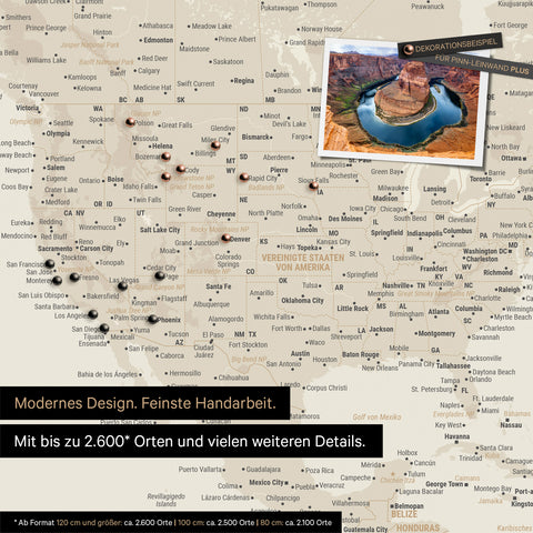 Mappa per puntine dettagliata del mondo in oro per segnare fino a 2.600 destinazioni di viaggio negli USA, Canada e Messico, ideale per la rappresentazione visiva di viaggi passati e piani di viaggio futuri