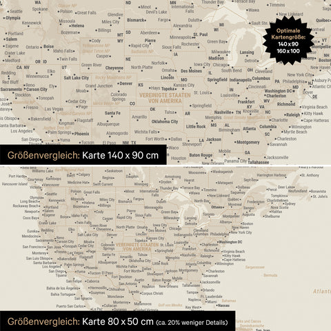 Confronto dimensioni di una mappa del mondo su tela nei formati 140 x 90 cm e 80 x 50 cm