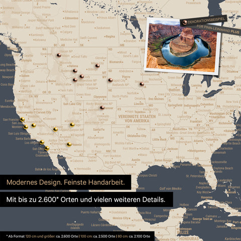 Mappa dettagliata del mondo come Mappa per puntine in Hale Navy (blu scuro oro) per segnare fino a 2.600 destinazioni di viaggio negli USA, Canada e Messico, ideale per la rappresentazione visiva di viaggi passati e piani di viaggio futuri